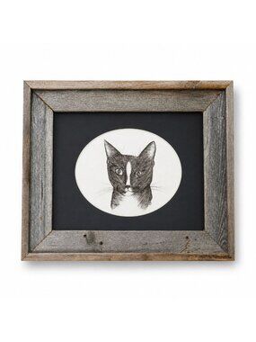Pen and Ink Cat Barn Frame Quirky Kitten Signed Oval Mat Vintage Unique Art Farm